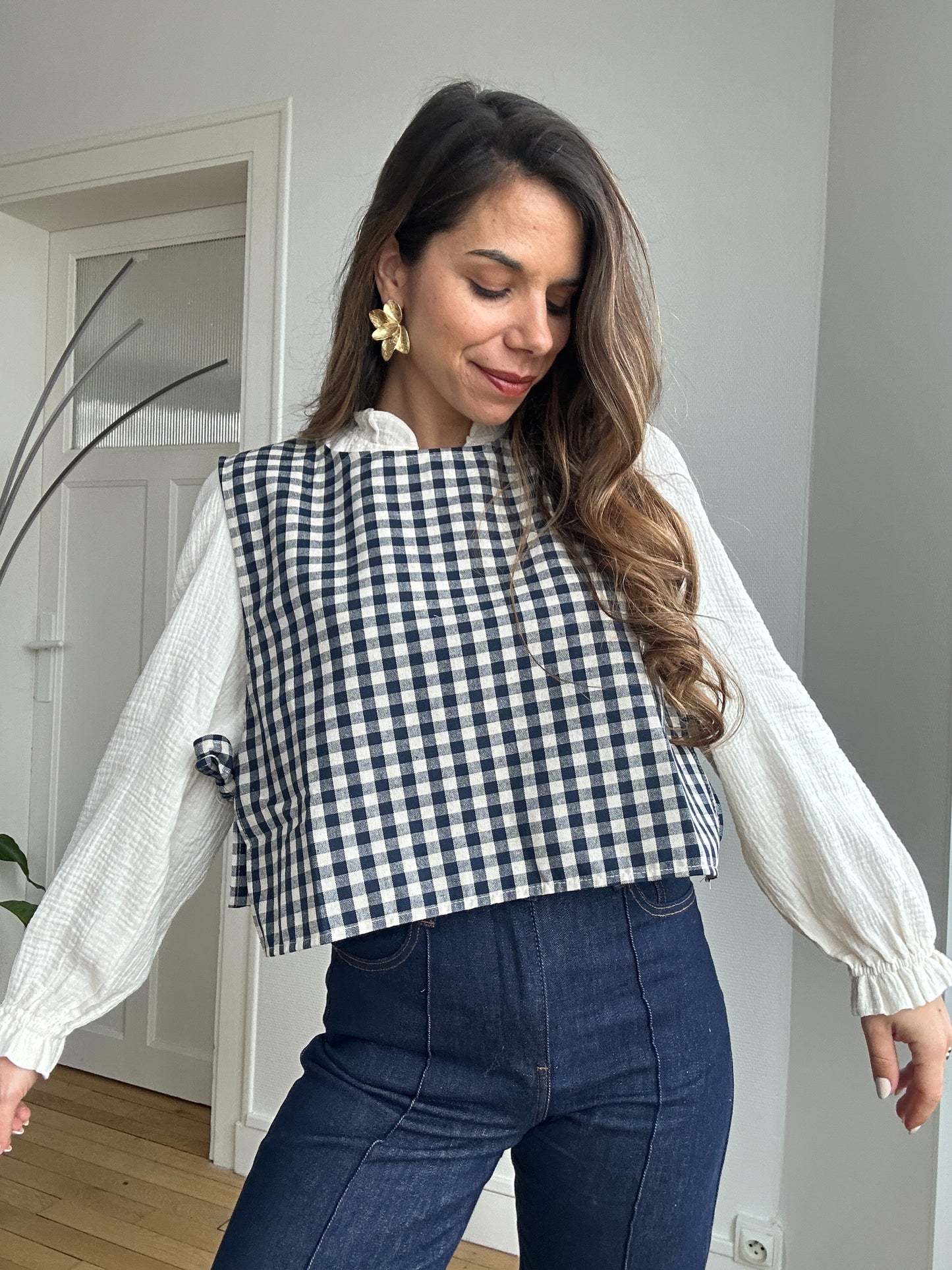 Pull fin sans manche avec nœuds vichy Angèle