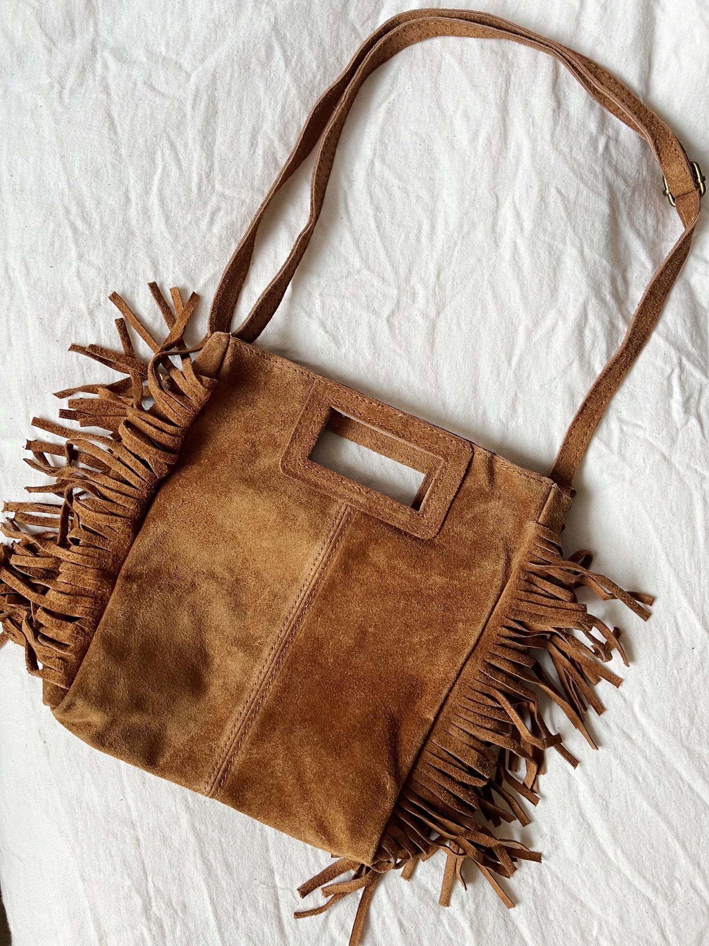 Sac à main à franges en daim Lou camel