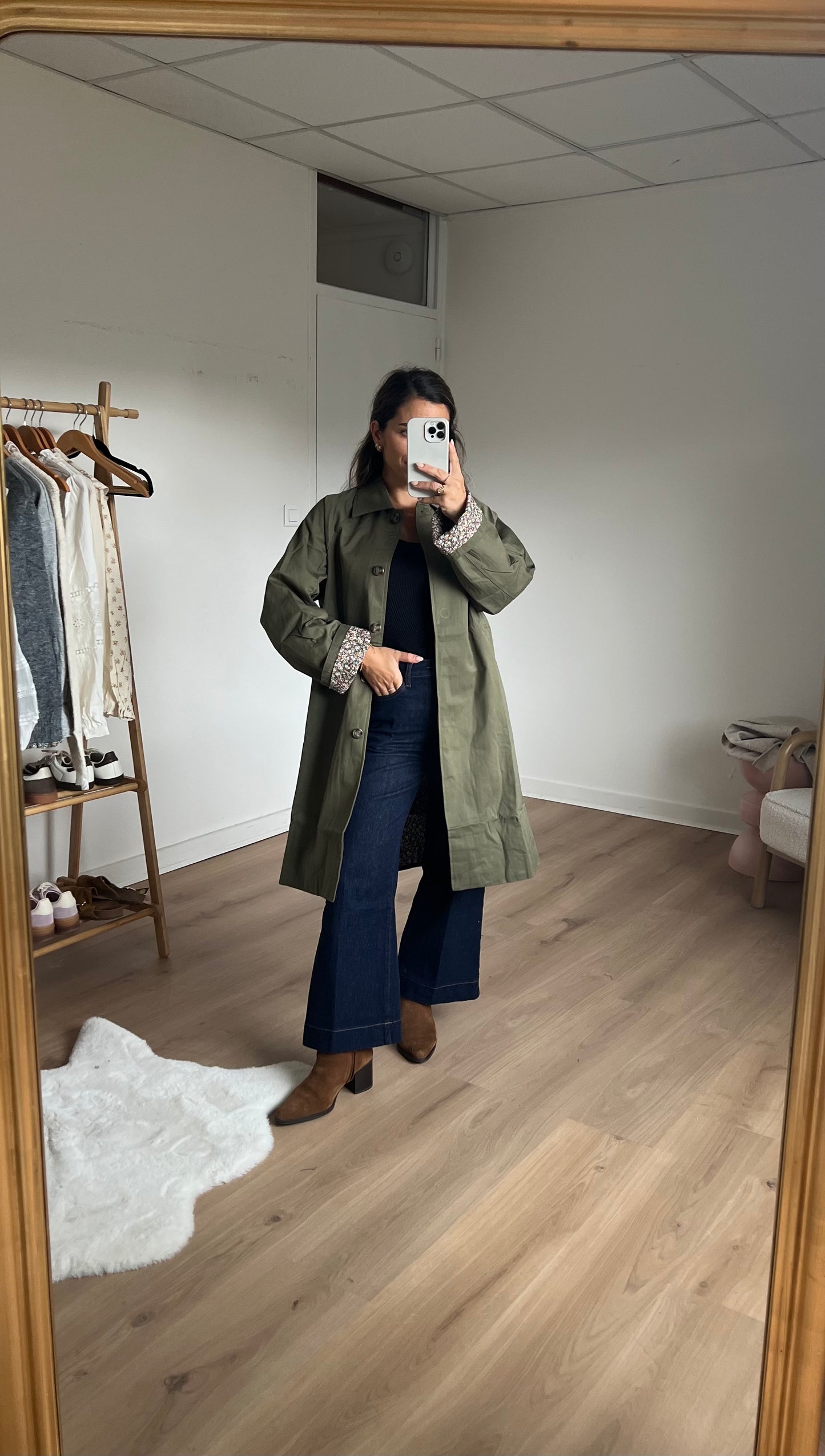 Trench long Émile en coton Liberty kaki