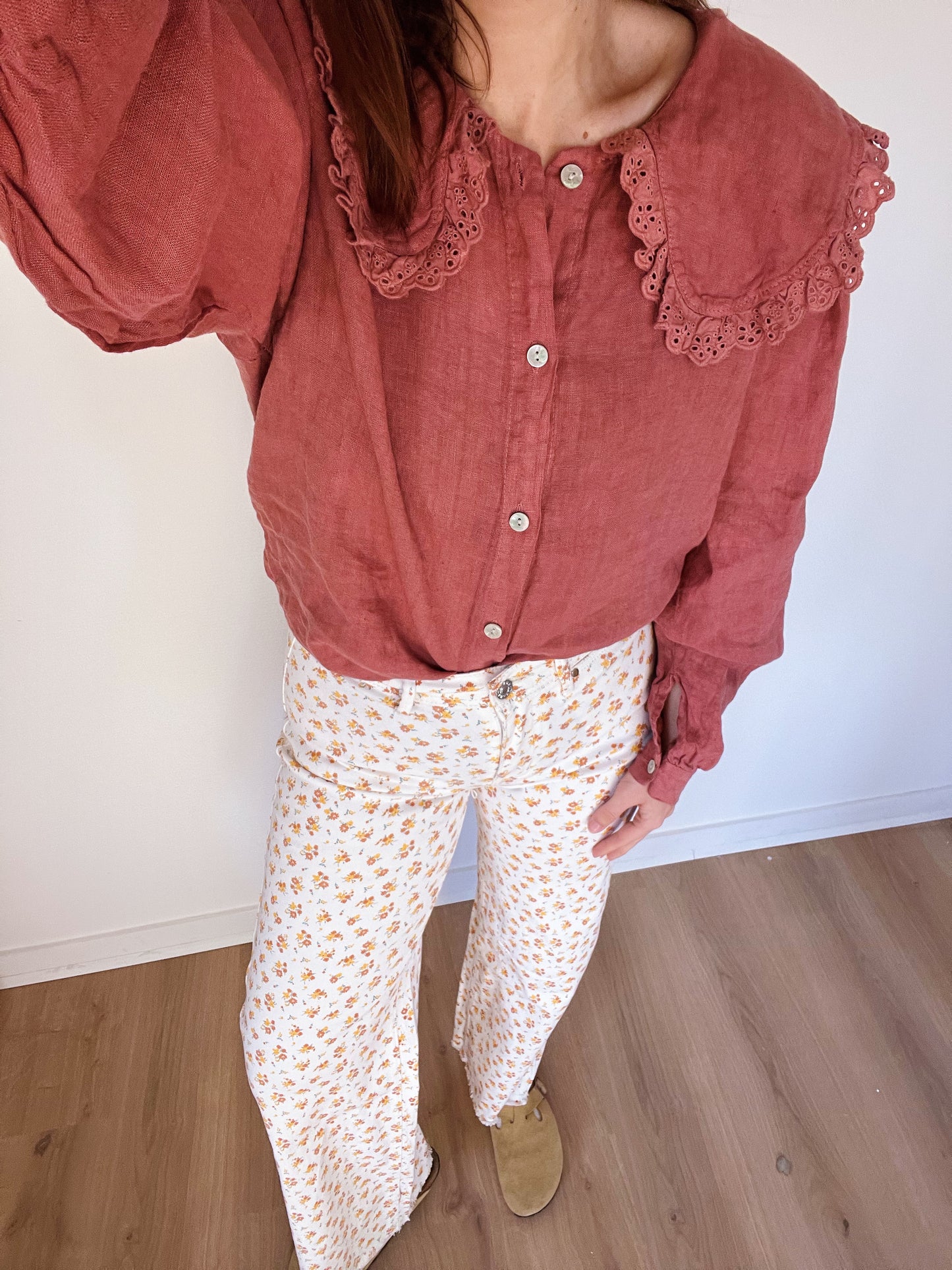 Chemise en lin à col large Claudia Bois de rose