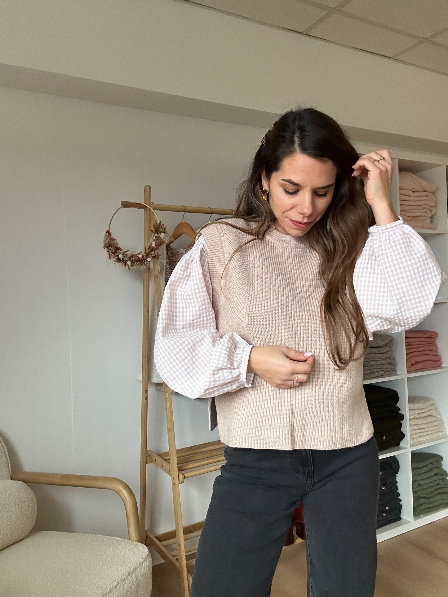Blouse vichy beige rosée Clothilde