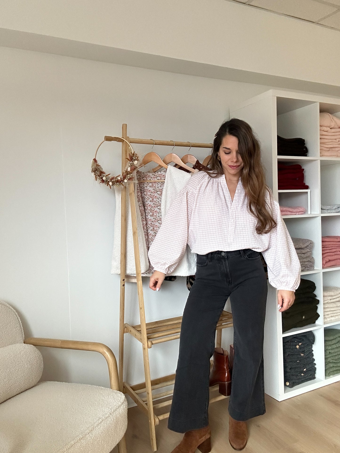 Blouse vichy beige rosée Clothilde