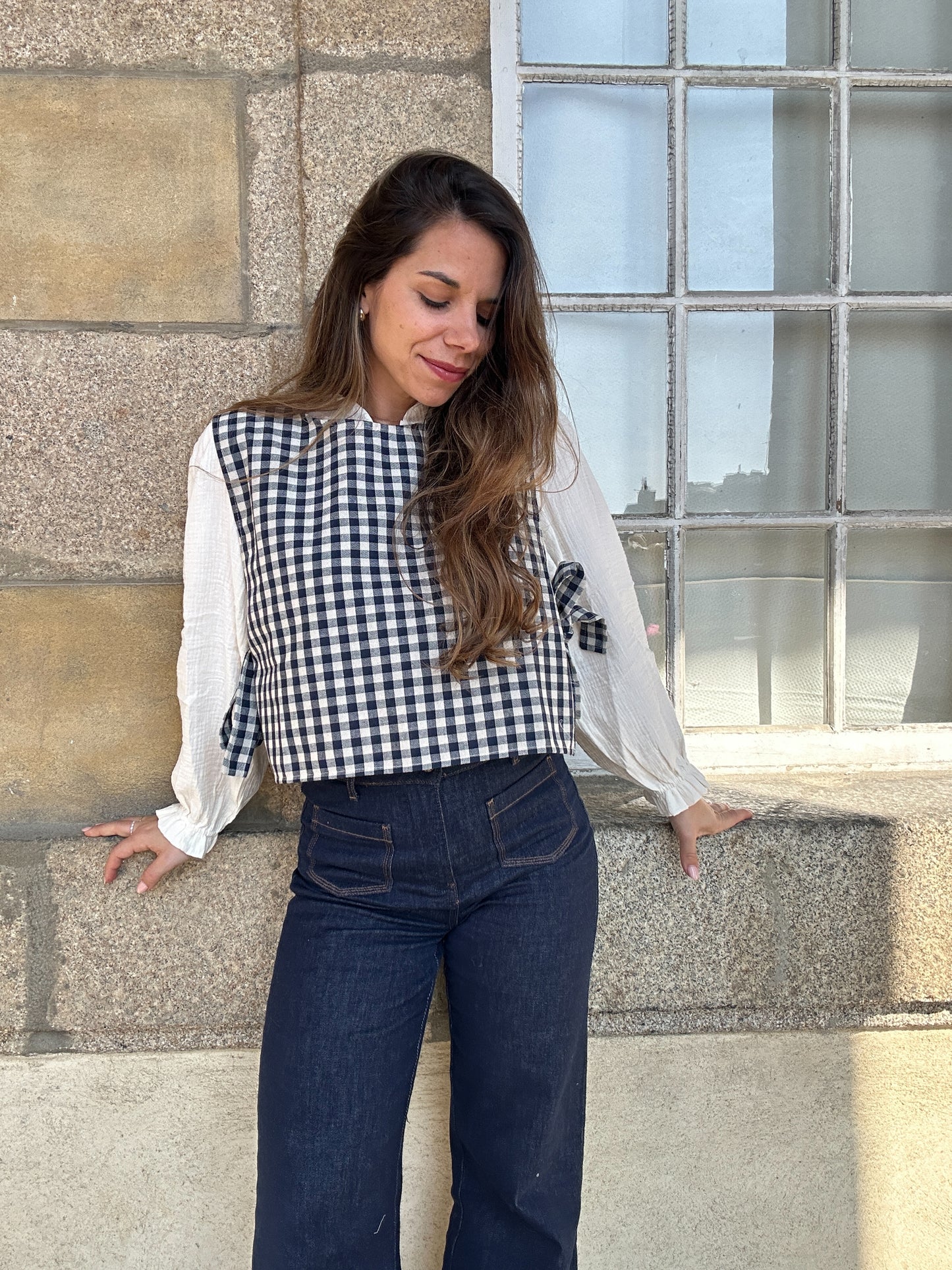 Pull fin sans manche avec nœuds vichy Angèle