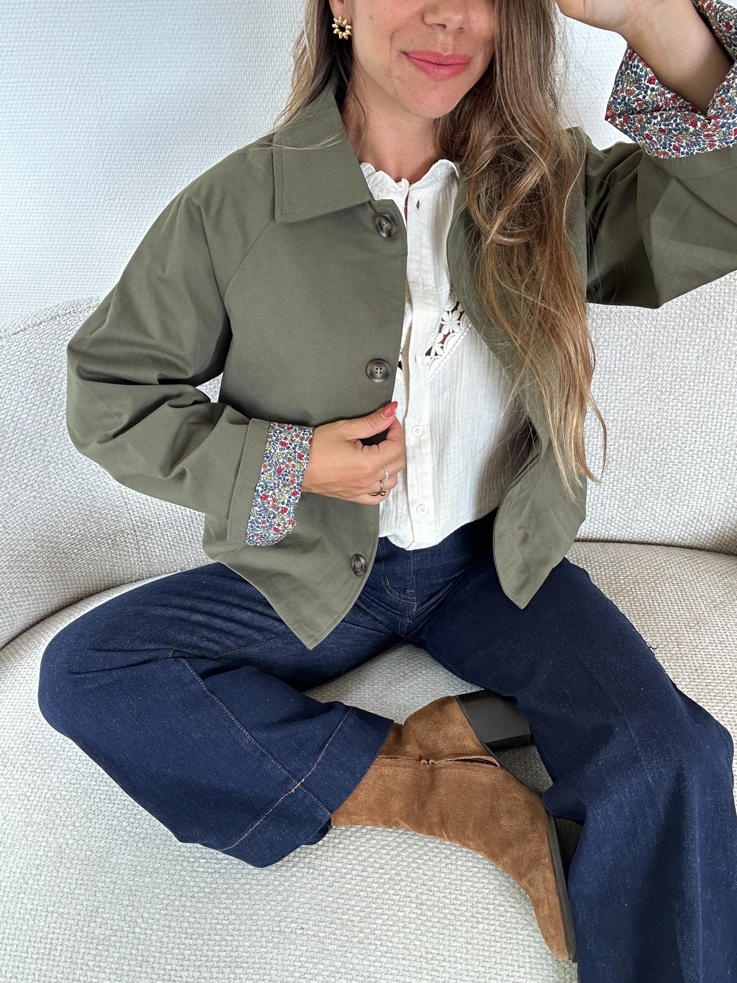 Veste trench Edith à fleurs kaki
