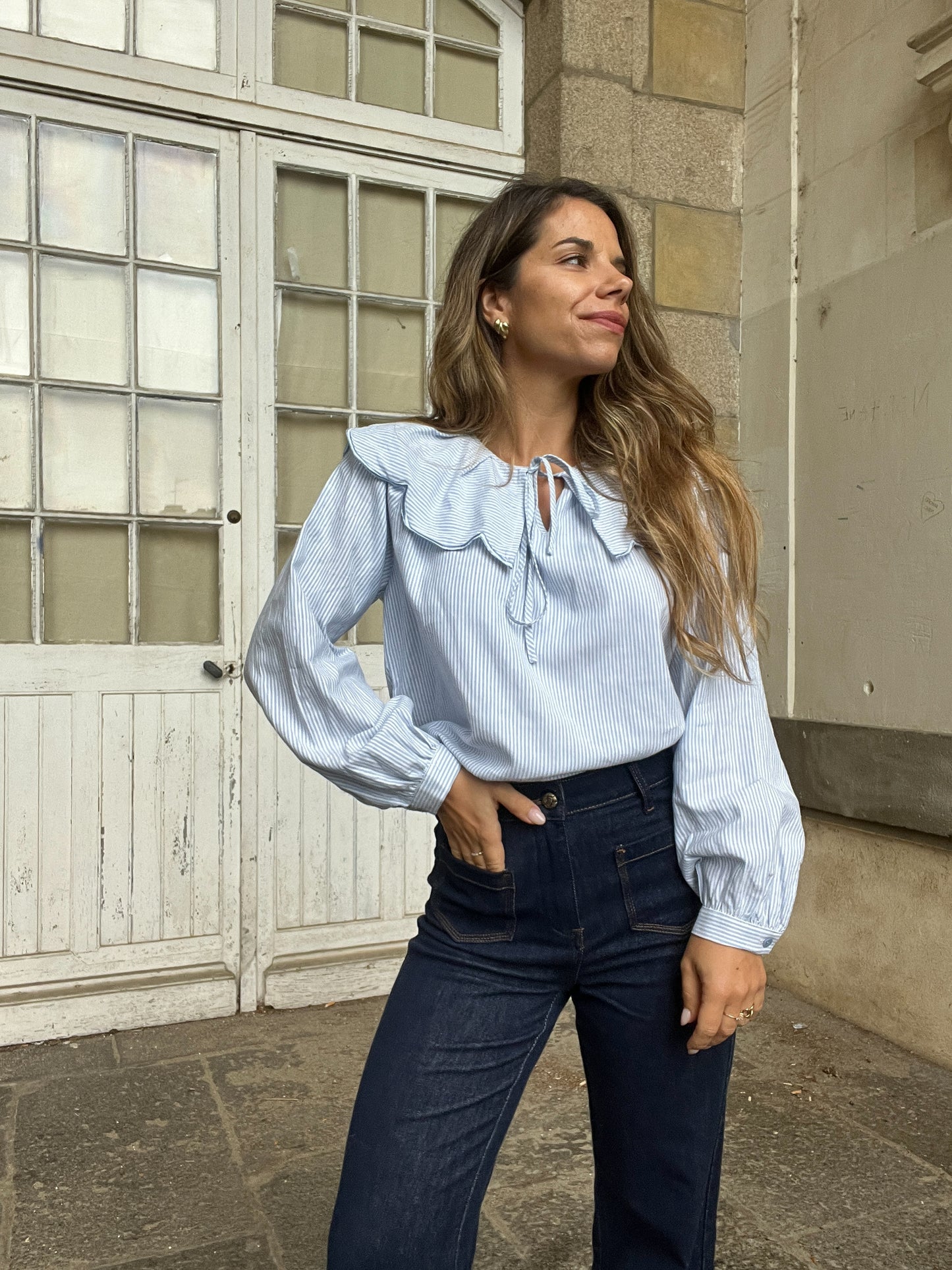 Blouse à col large Solveig blue stripes