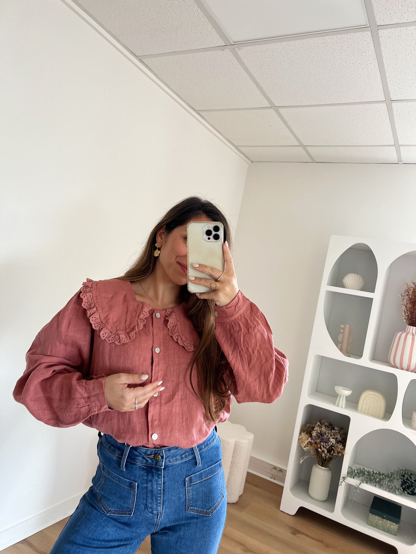 Chemise en lin à col large Claudia Bois de rose