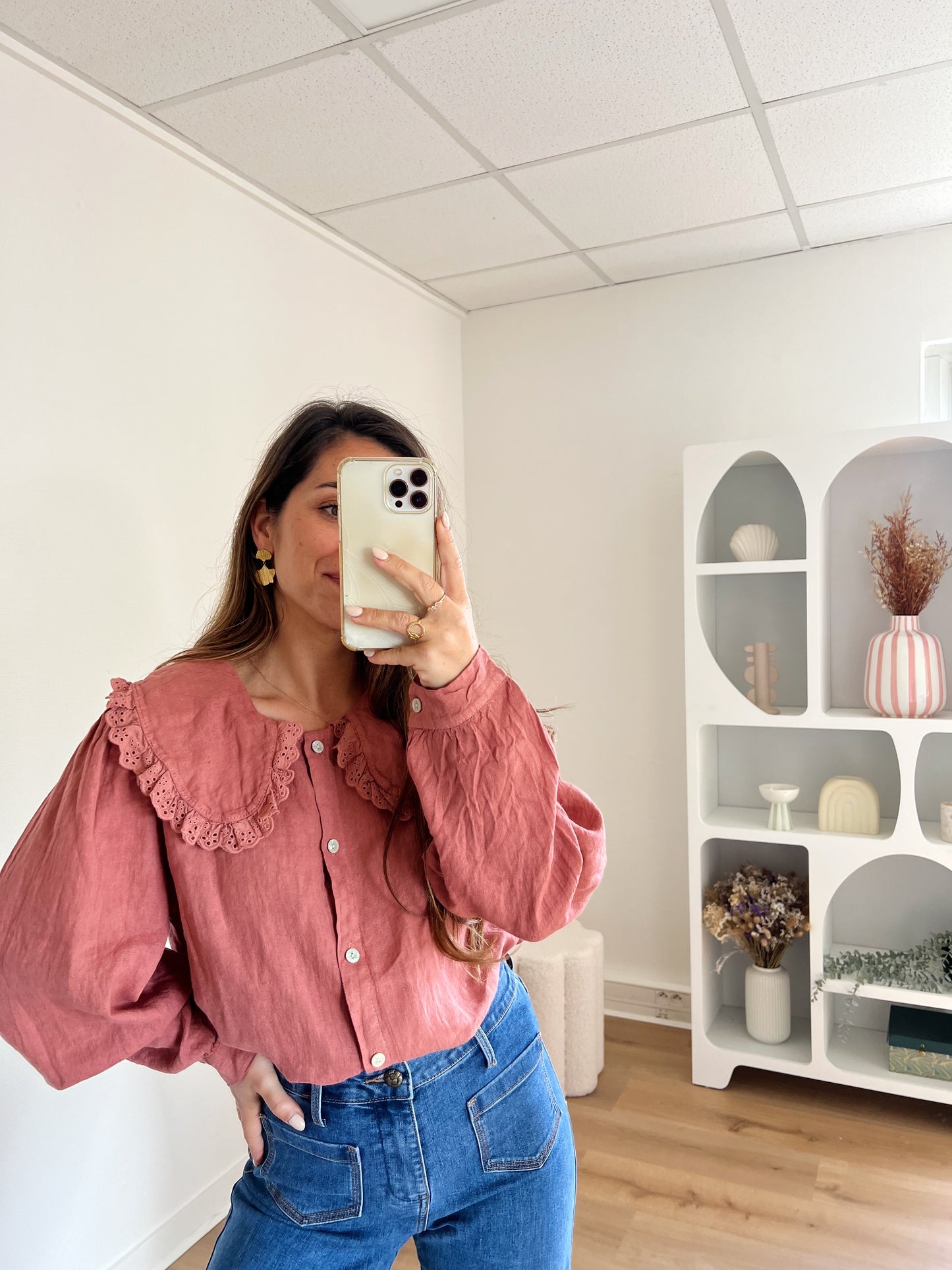 Chemise en lin à col large Claudia Bois de rose