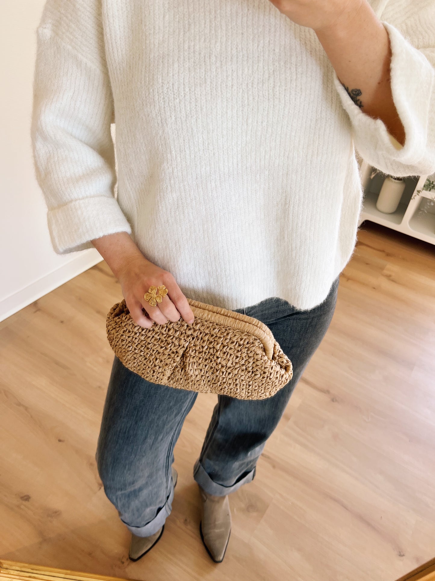Sac bourse en raffia beige Lino