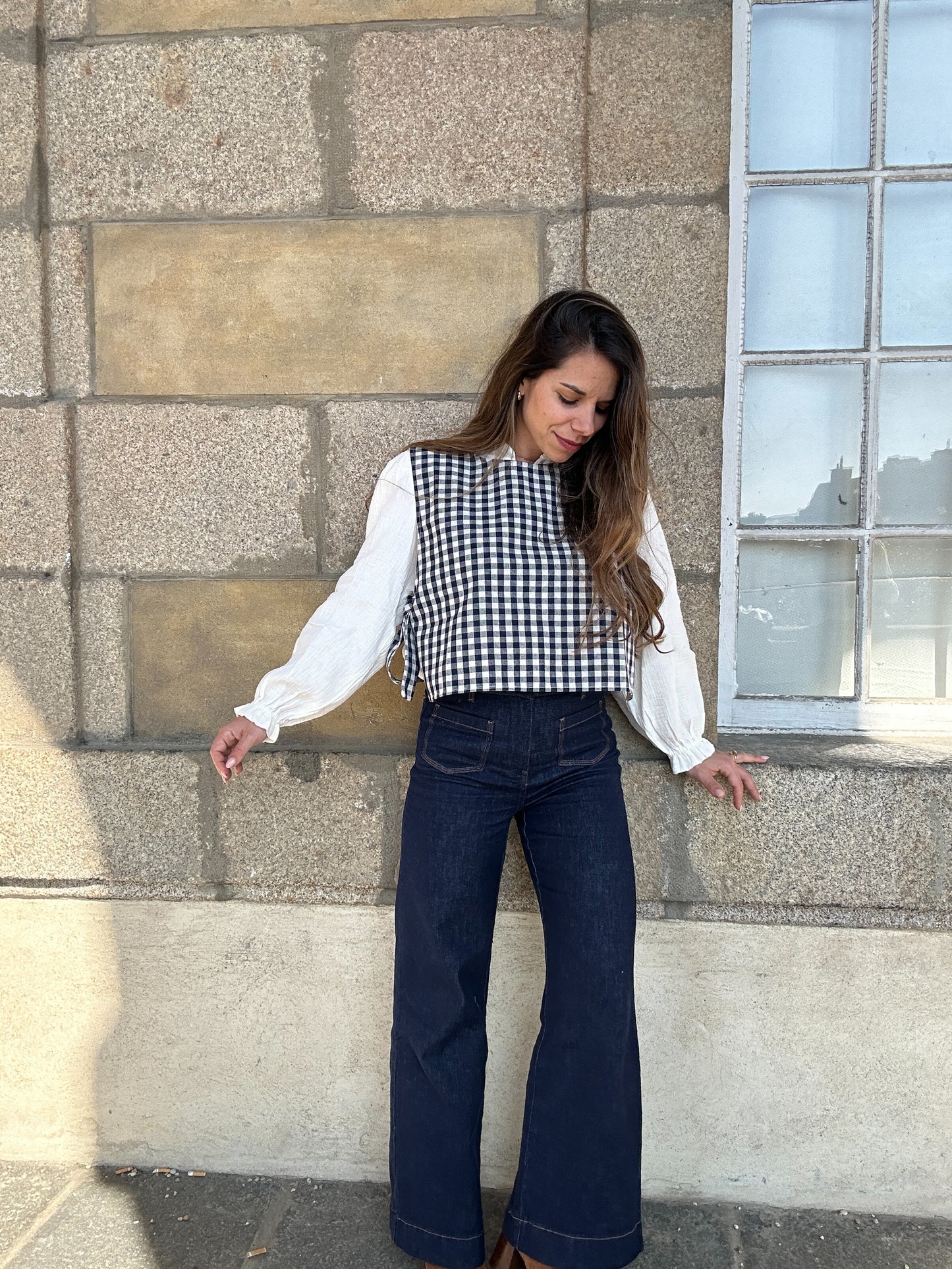 Pull fin sans manche avec nœuds vichy Angèle