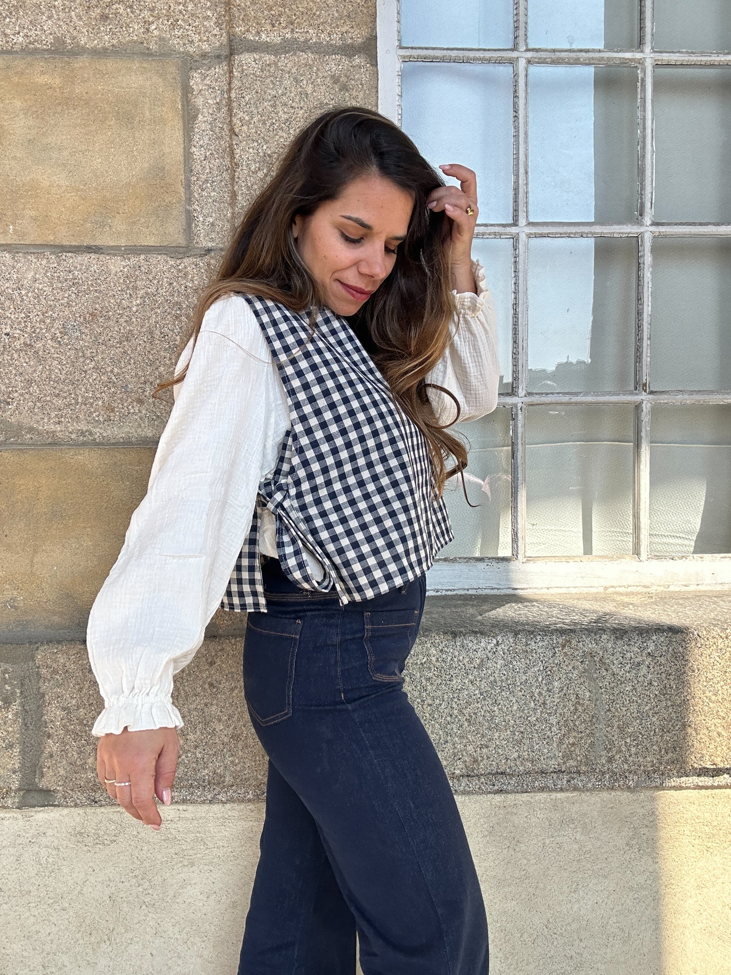 Pull fin sans manche avec nœuds vichy Angèle