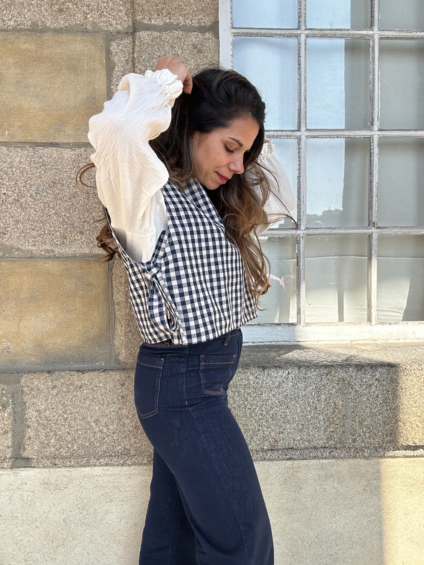 Pull fin sans manche avec nœuds vichy Angèle