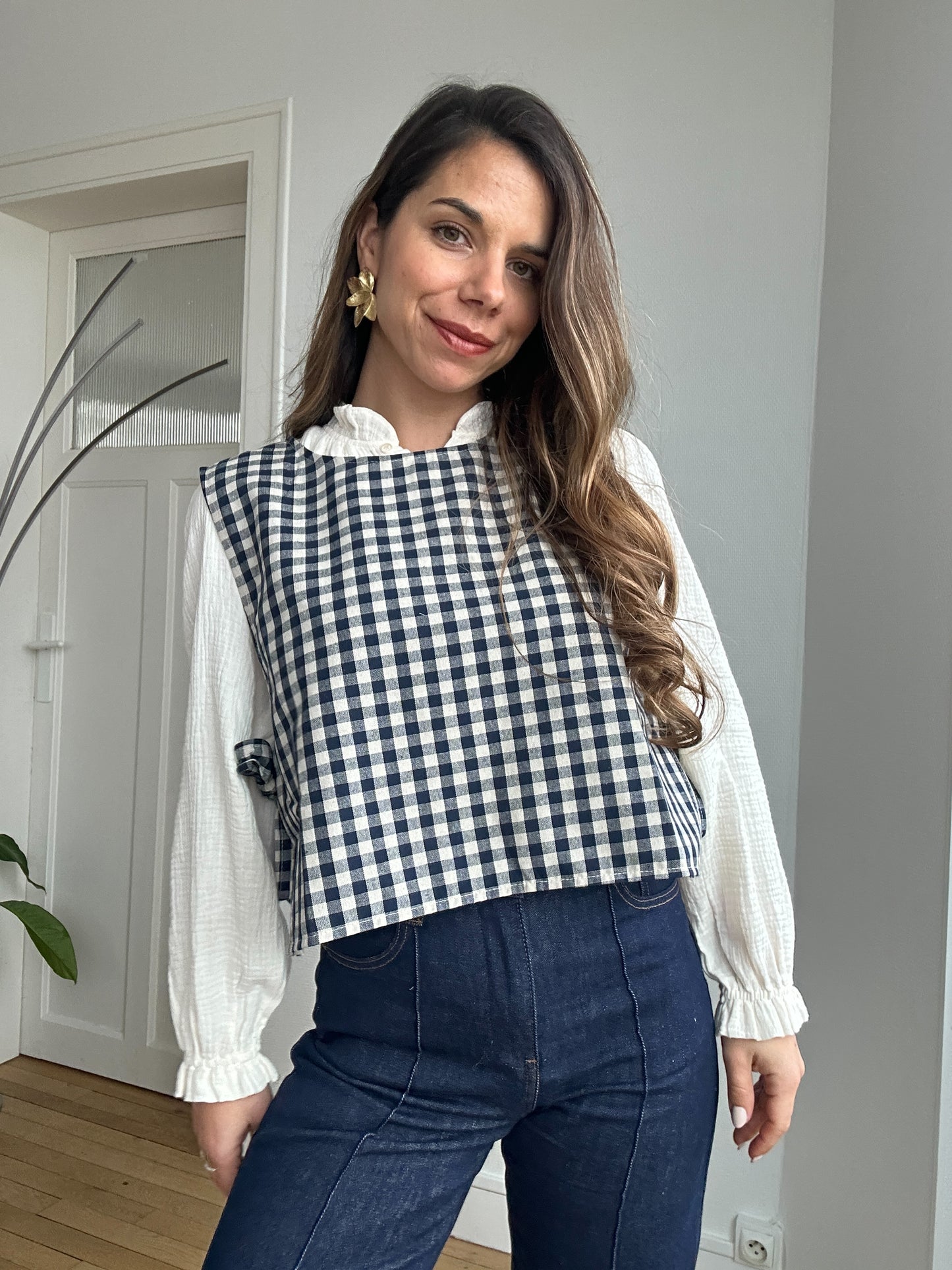 Pull fin sans manche avec nœuds vichy Angèle