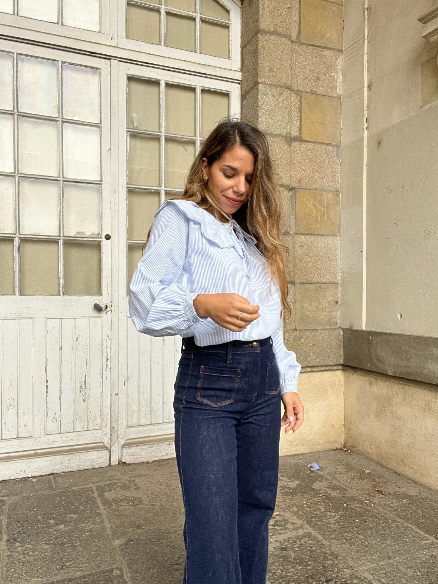 Blouse à col large Solveig blue stripes