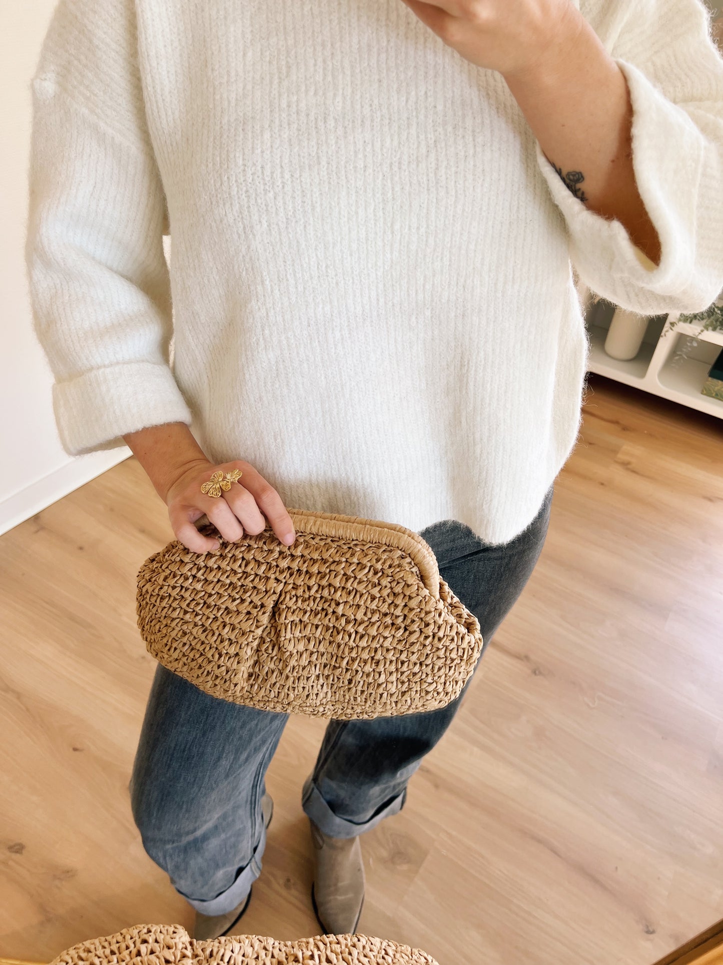 Sac bourse en raffia beige Lino