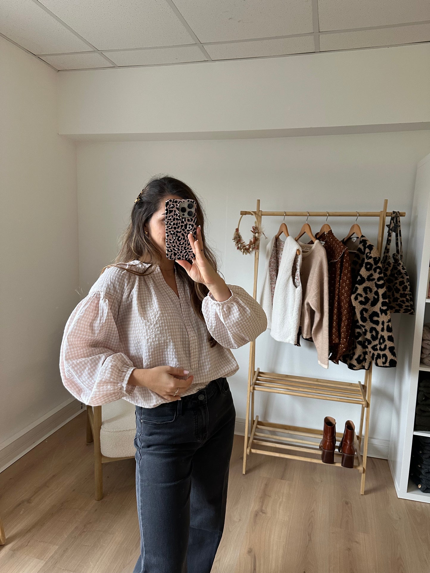 Blouse vichy beige rosée Clothilde