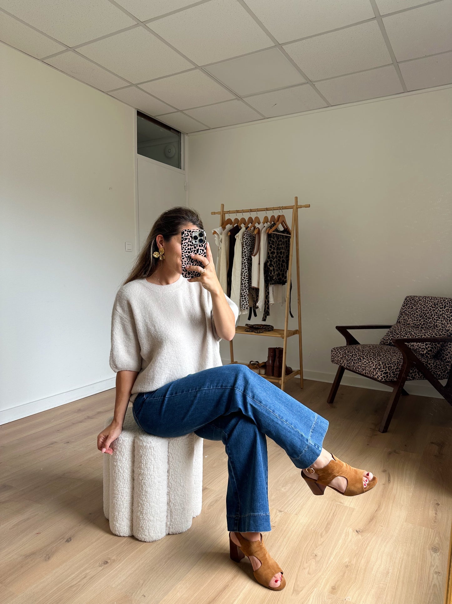 Maille en laine à manches courtes Brune beige