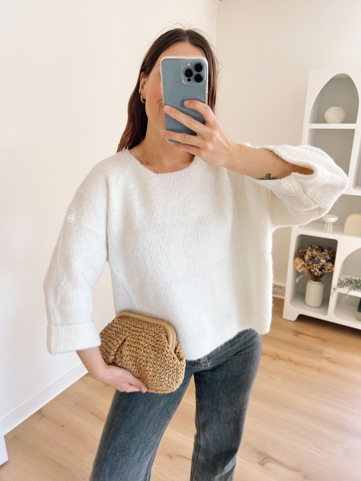 Sac bourse en raffia beige Lino