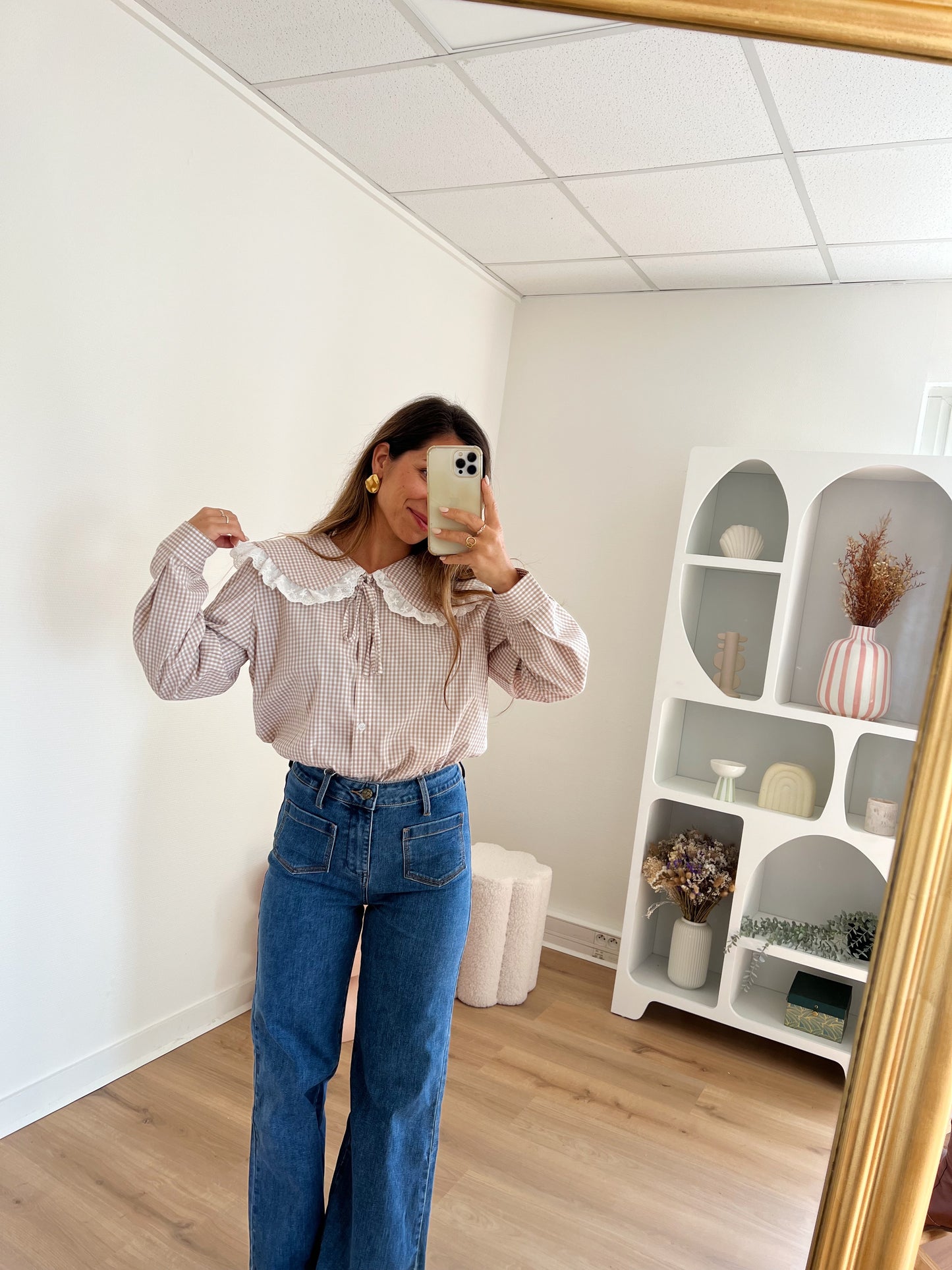 Chemise vichy beige Iris avec dentelle