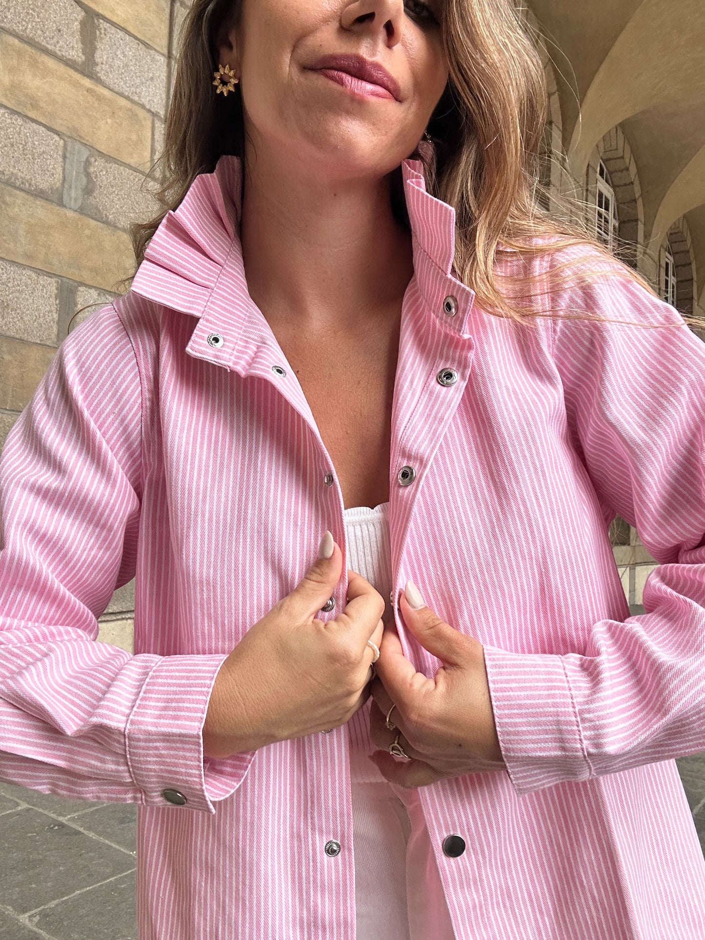 Veste en jean Céleste à rayures roses