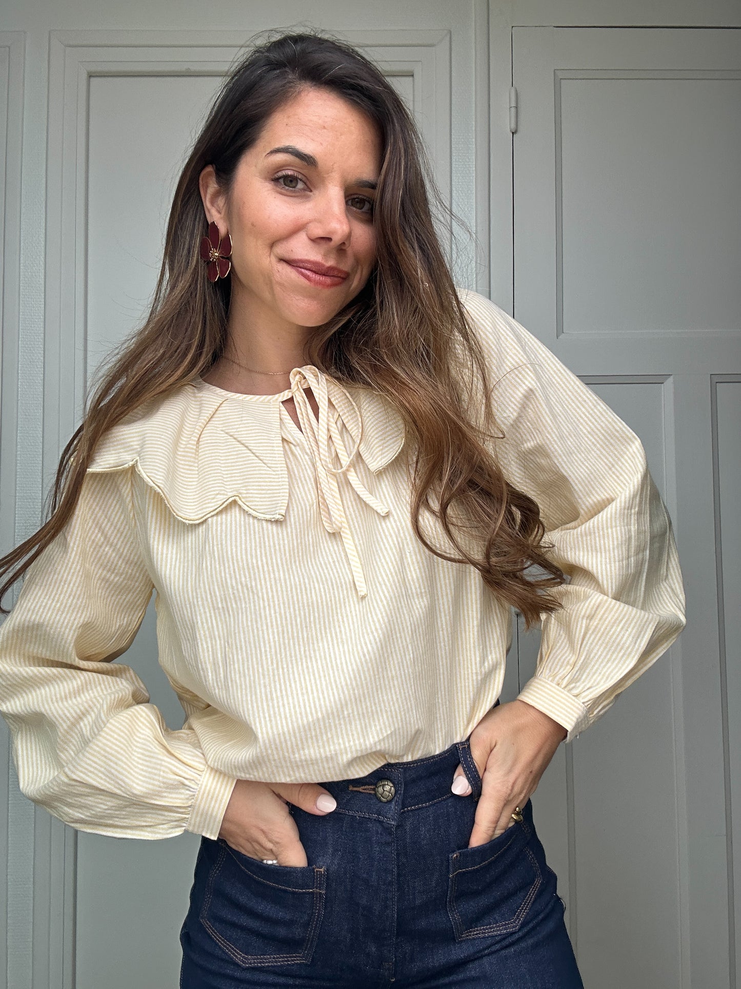 Blouse à col large Solveig yellow stripes