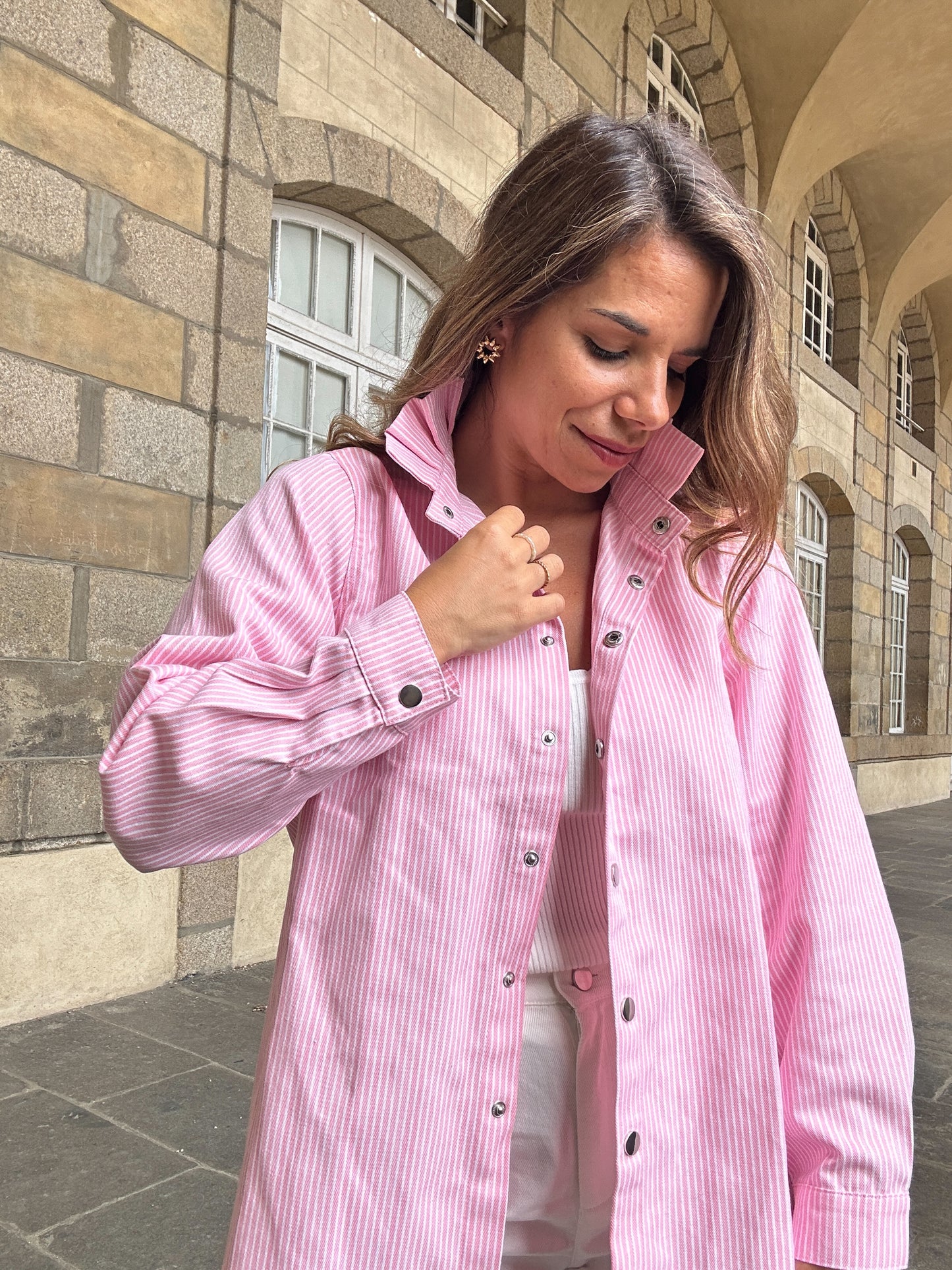 Veste en jean Céleste à rayures roses