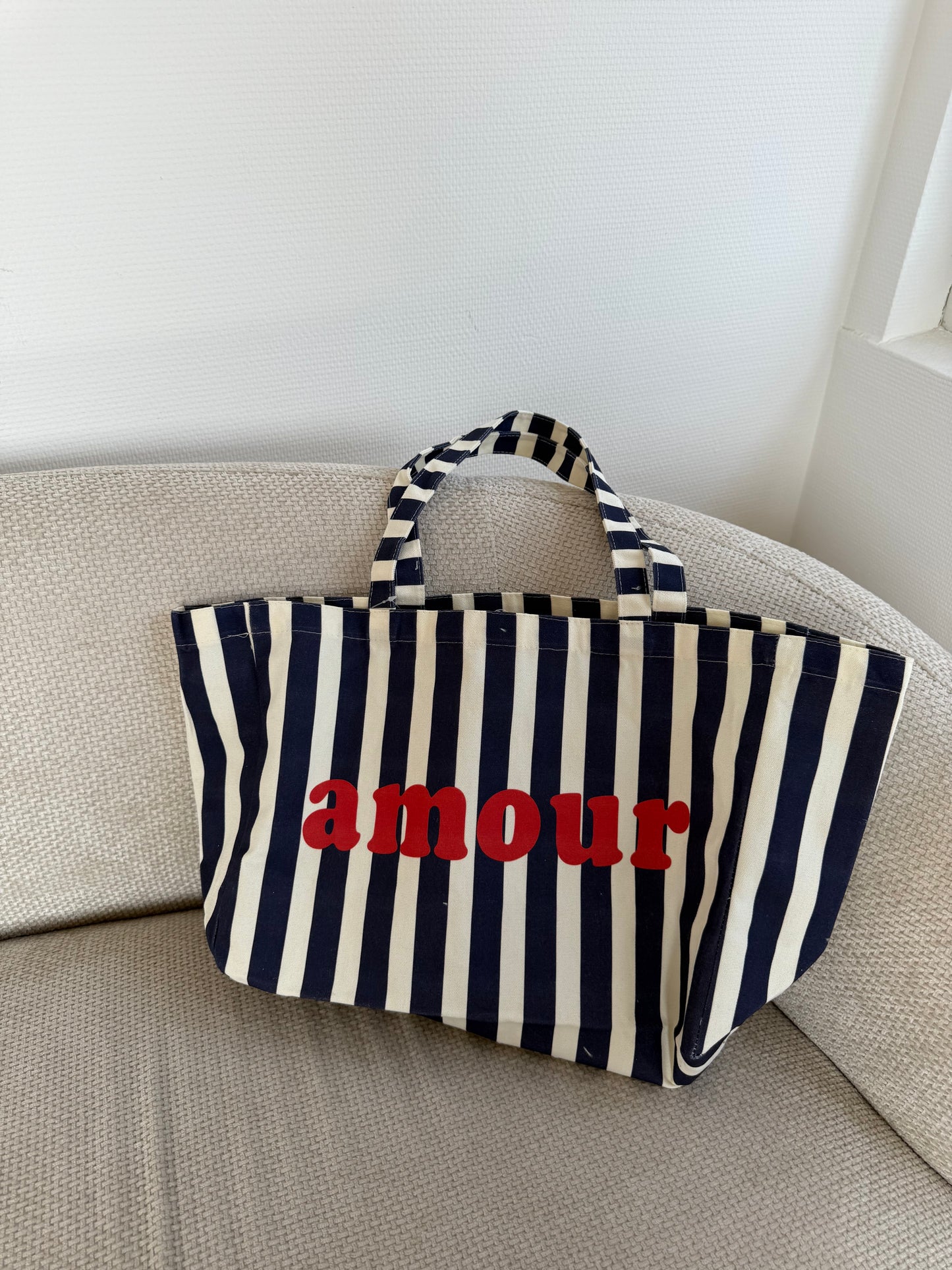 Sac cabas Amour rayé bleu et rouge
