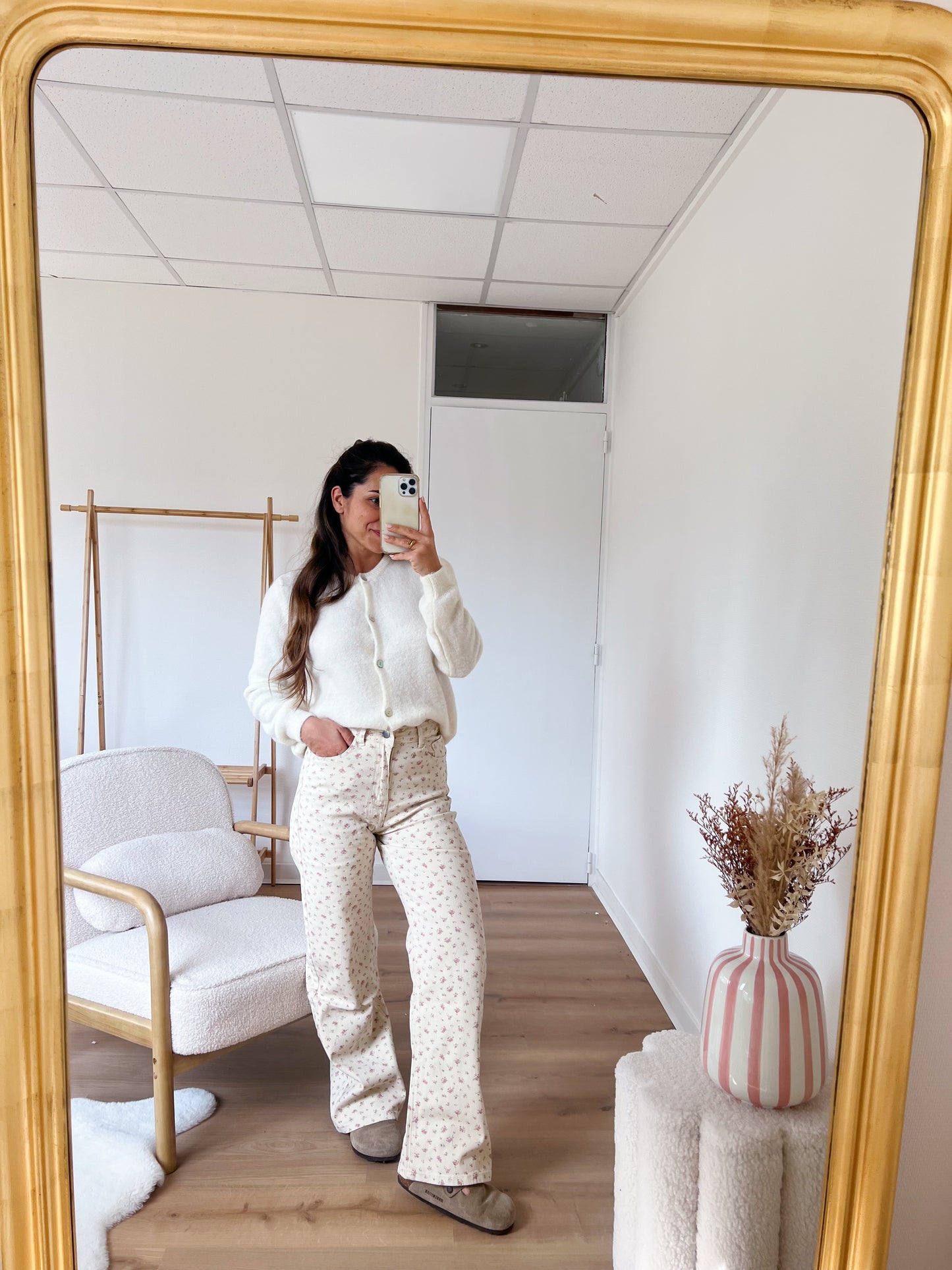 Jean flare Julia à petites fleurs roses