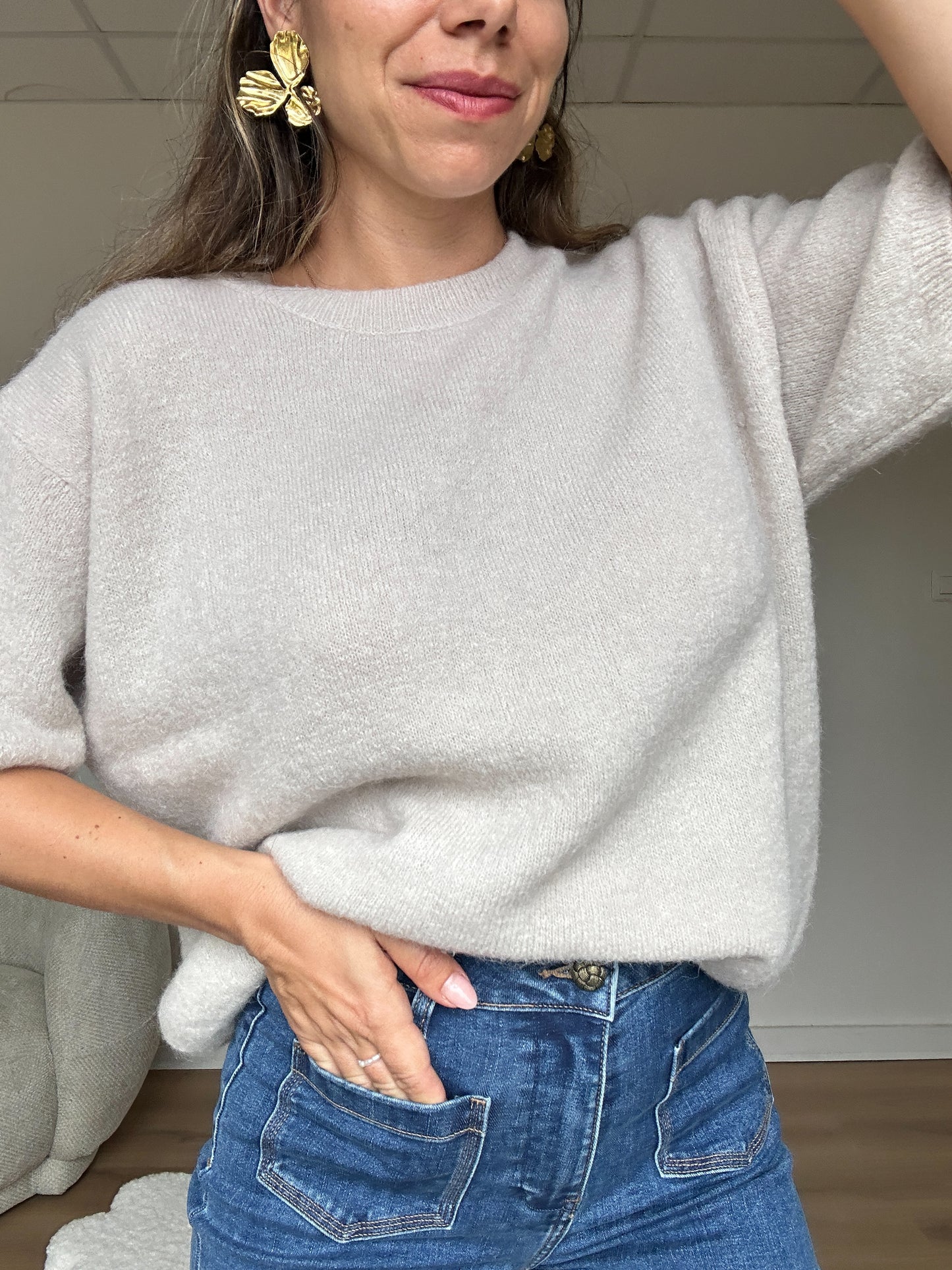 Maille en laine à manches courtes Brune beige
