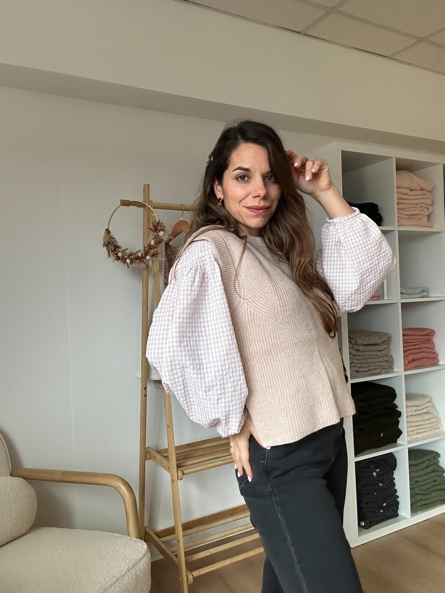 Blouse vichy beige rosée Clothilde