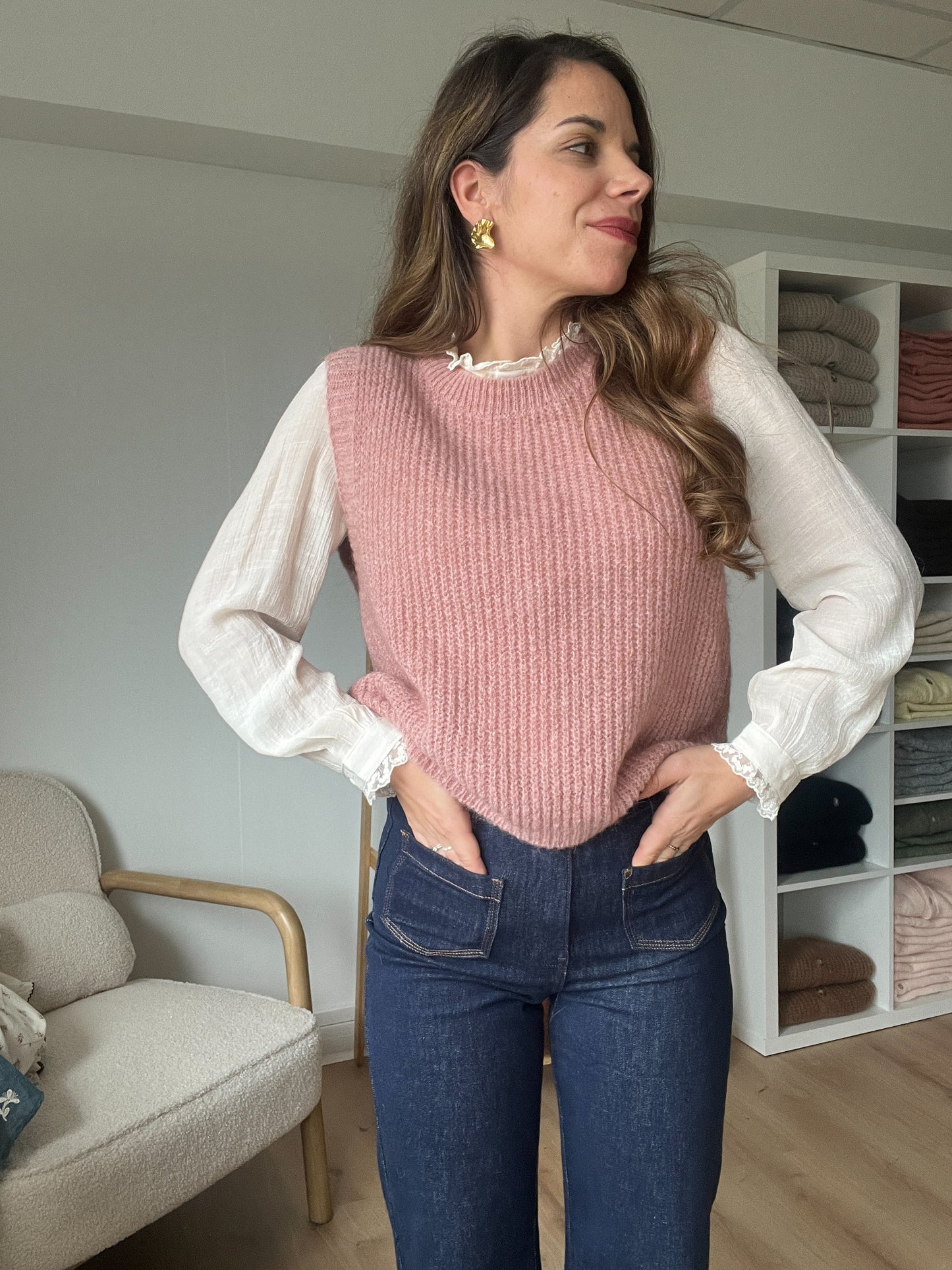 Pull sans manches rose chiné Adèle