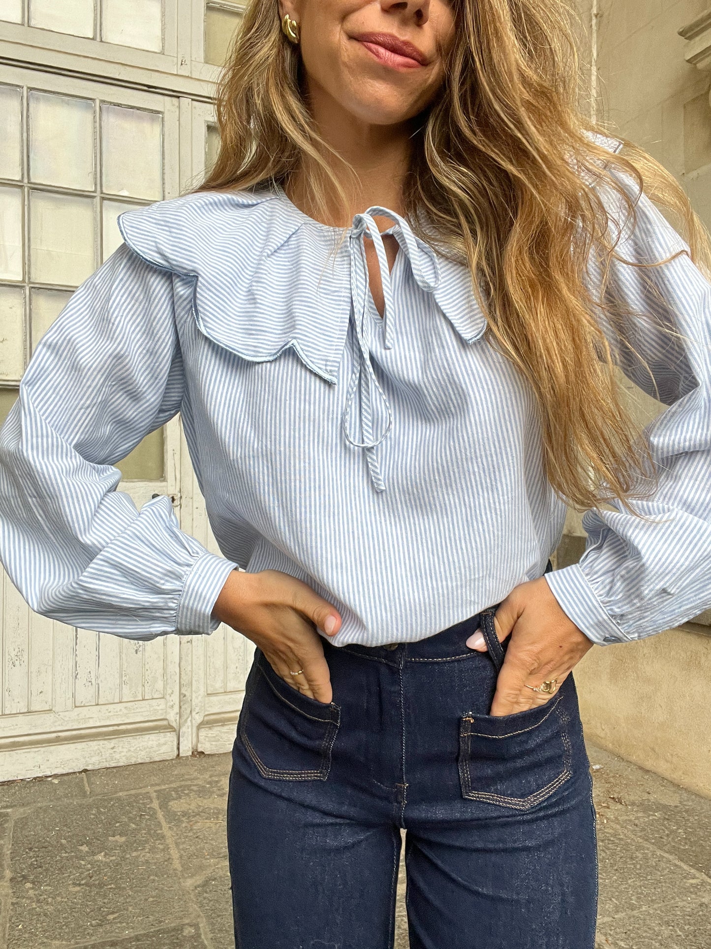 Blouse à col large Solveig blue stripes