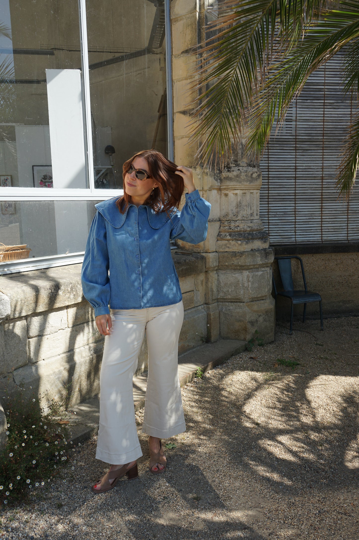 Blouse à col large denim clair Billie