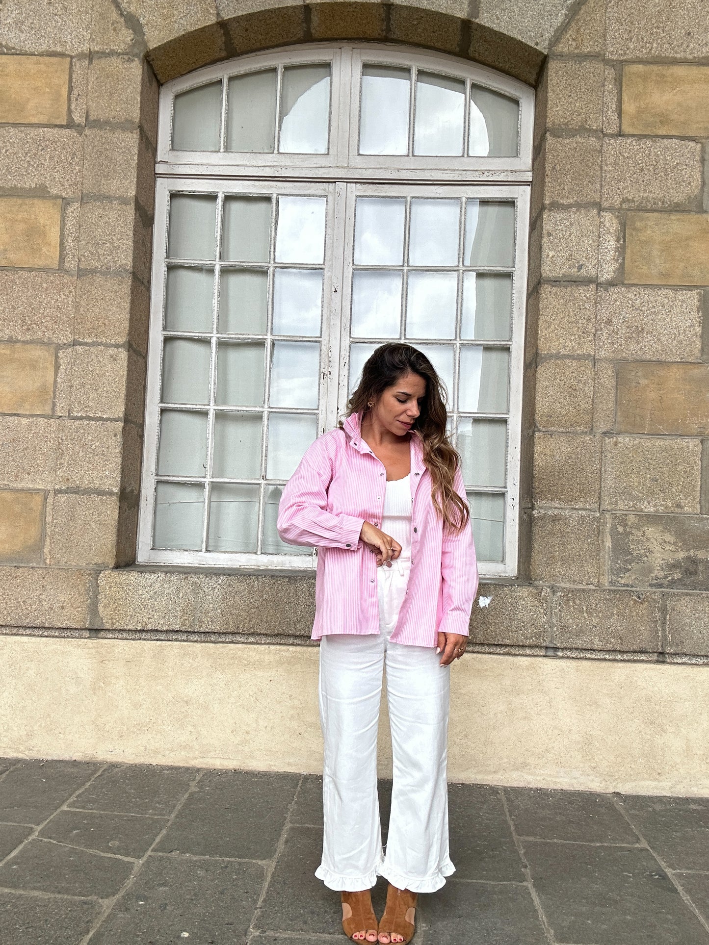 Veste en jean Céleste à rayures roses