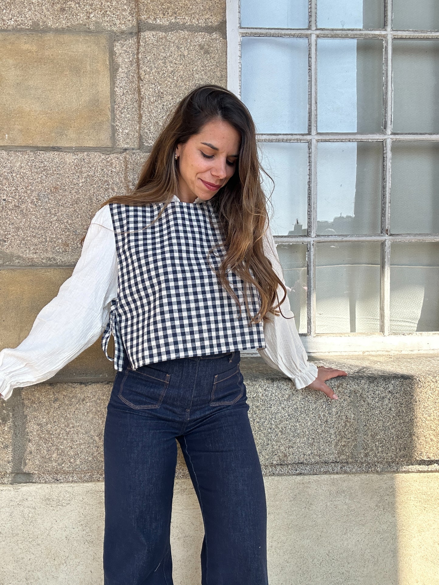 Pull fin sans manche avec nœuds vichy Angèle