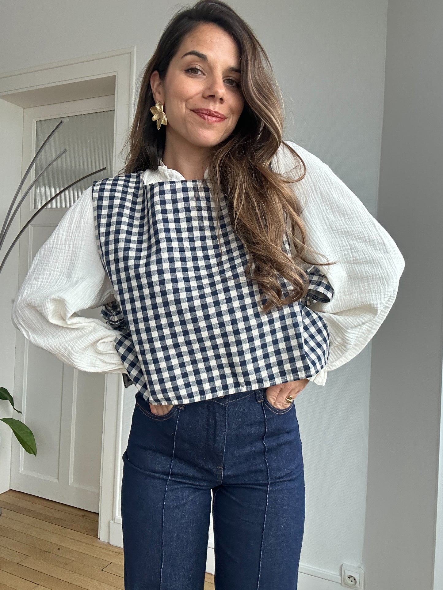 Pull fin sans manche avec nœuds vichy Angèle