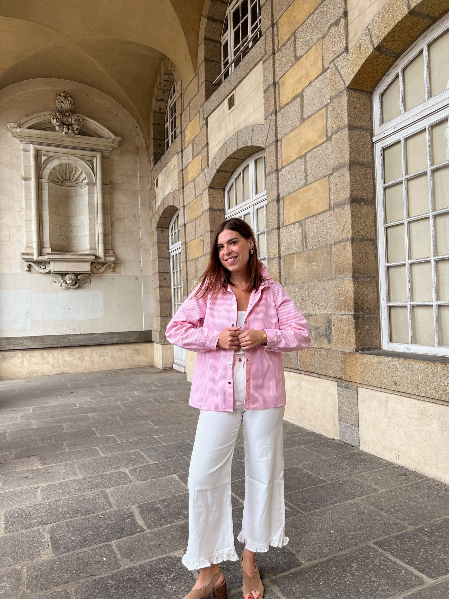Veste en jean Céleste à rayures roses