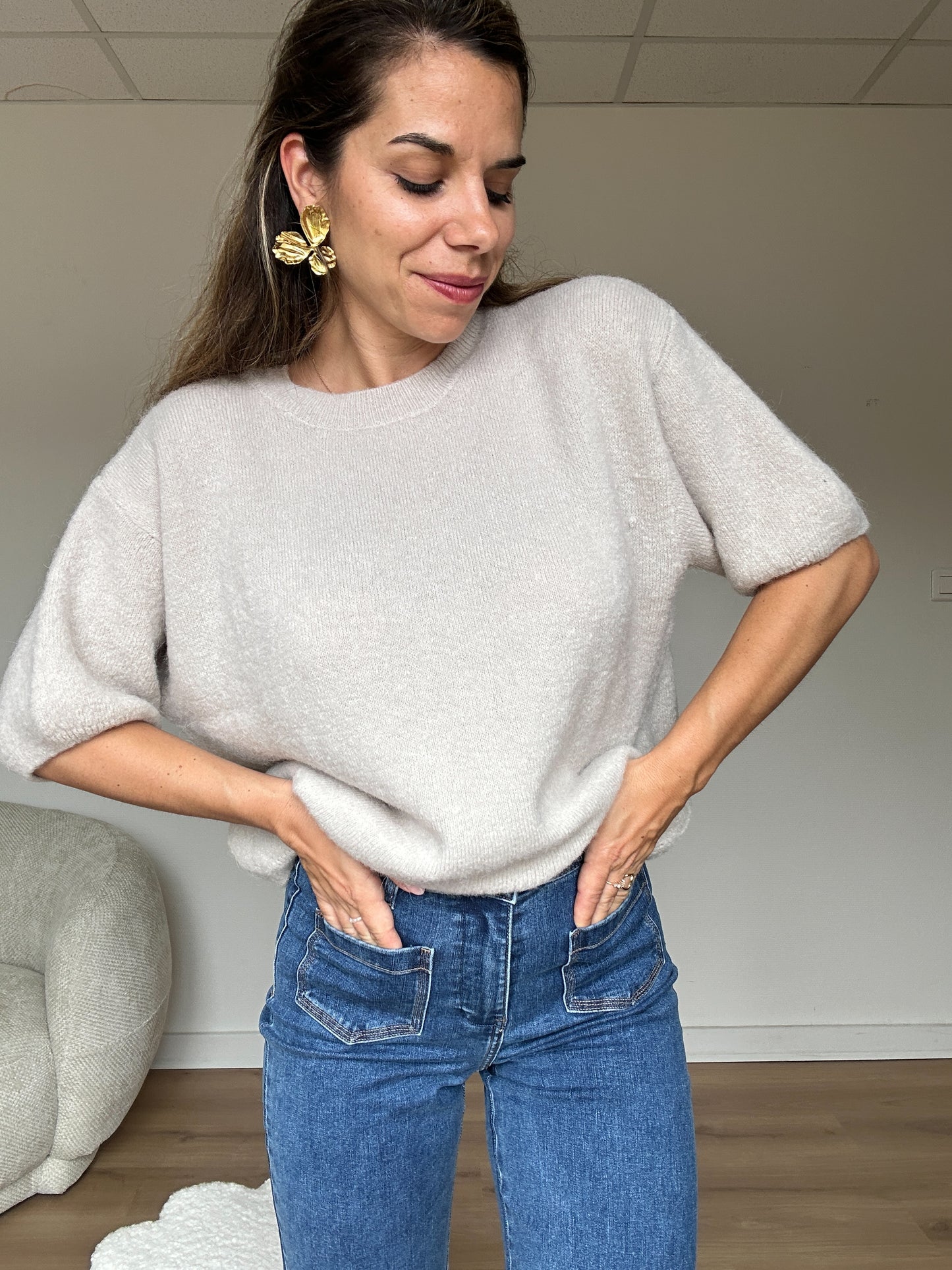 Maille en laine à manches courtes Brune beige