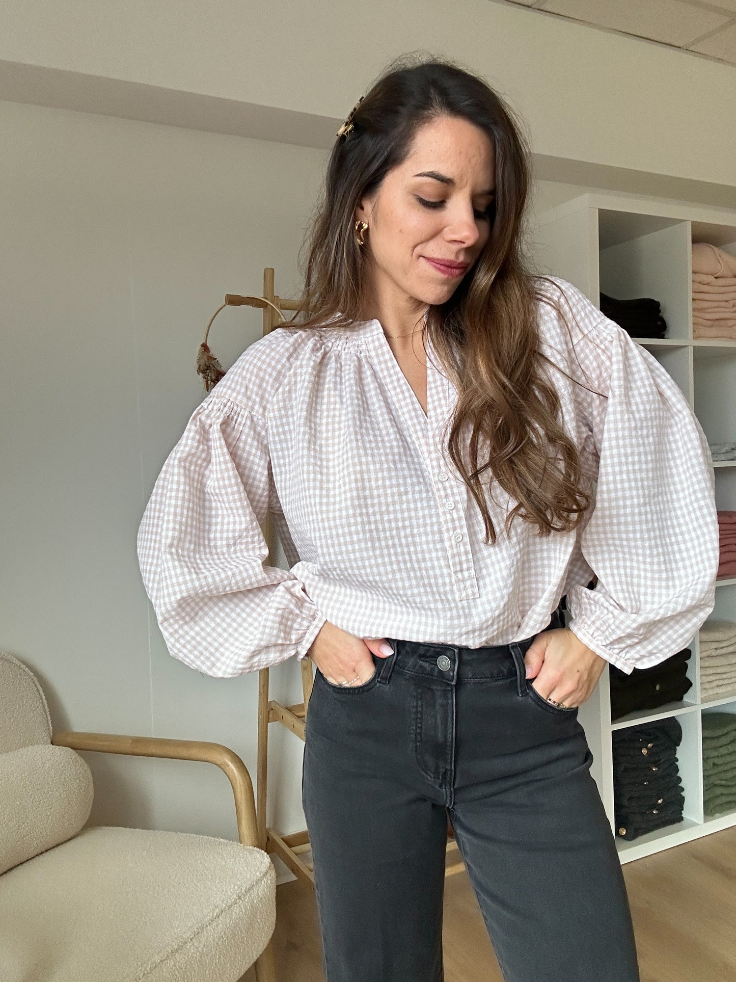 Blouse vichy beige rosée Clothilde