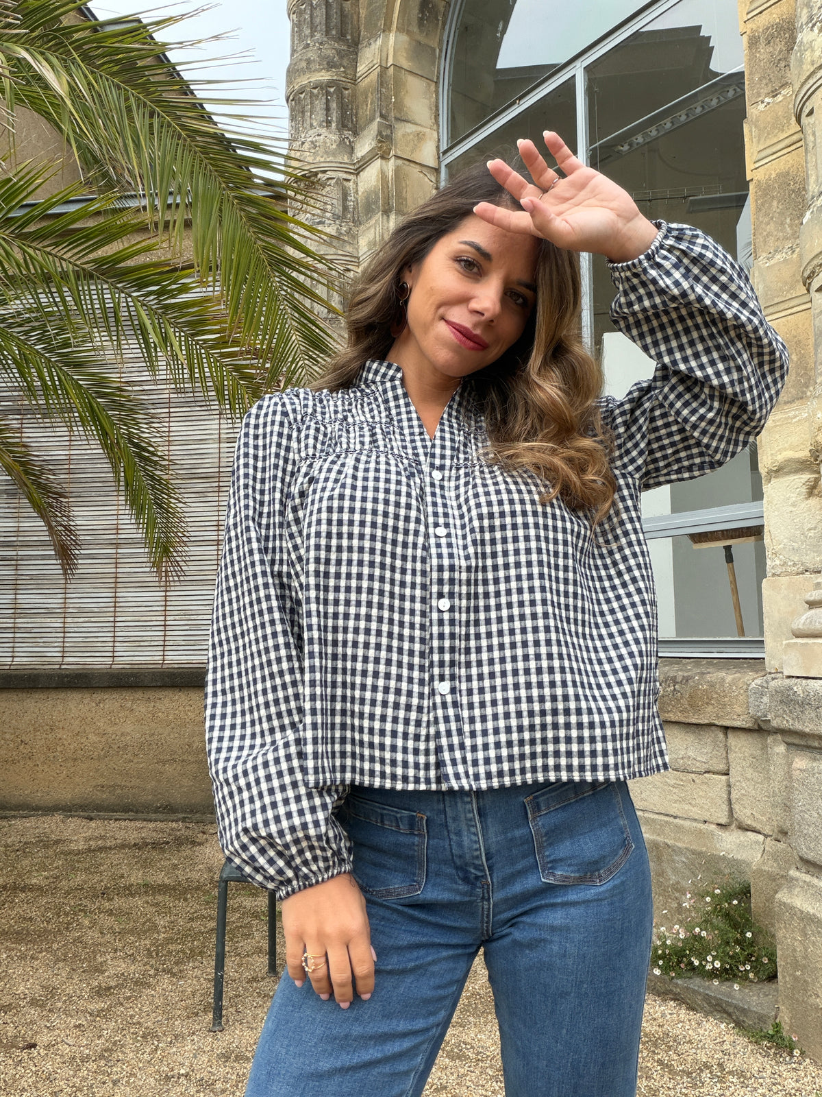 Blouse à carreaux bleu marine Albane