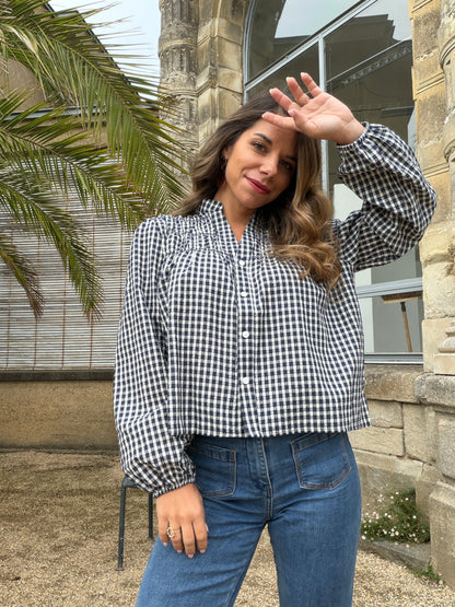 Blouse à carreaux bleu marine Albane