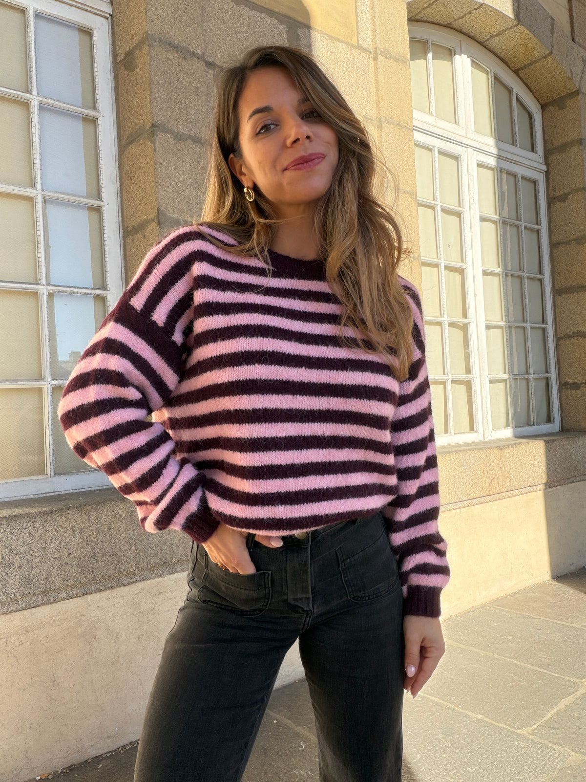 Pull à rayures Suzie prune et rose