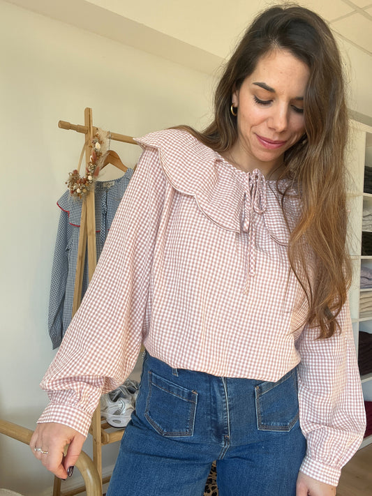 Blouse à col large Solveig VICHY rose