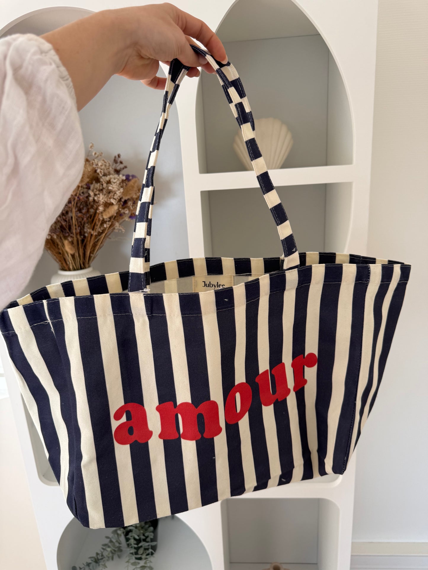 Sac cabas Amour rayé bleu et rouge