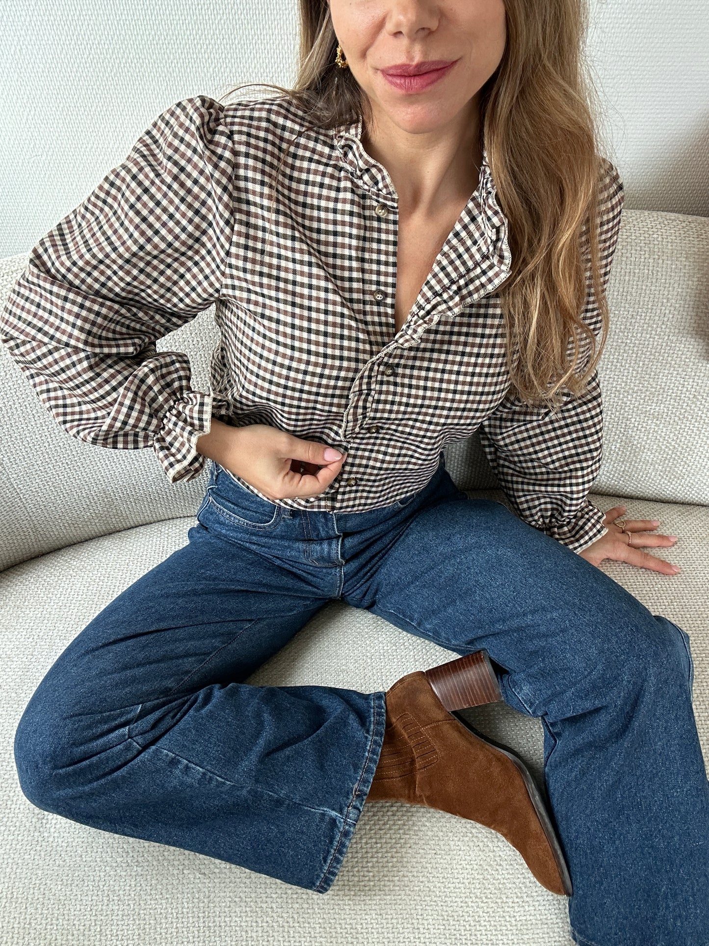 Blouse à carreaux Jeanne beige et marron