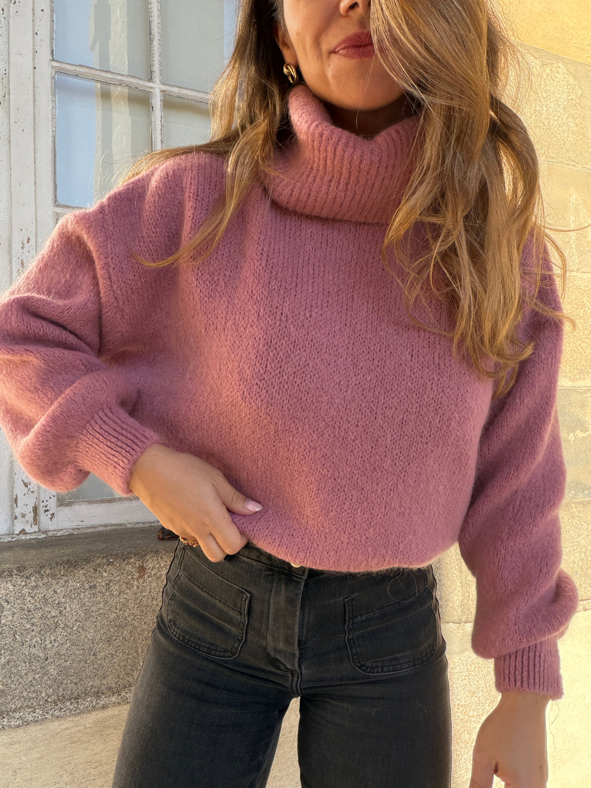 Maille col roulé en mohair et laine Faustine vieux rose
