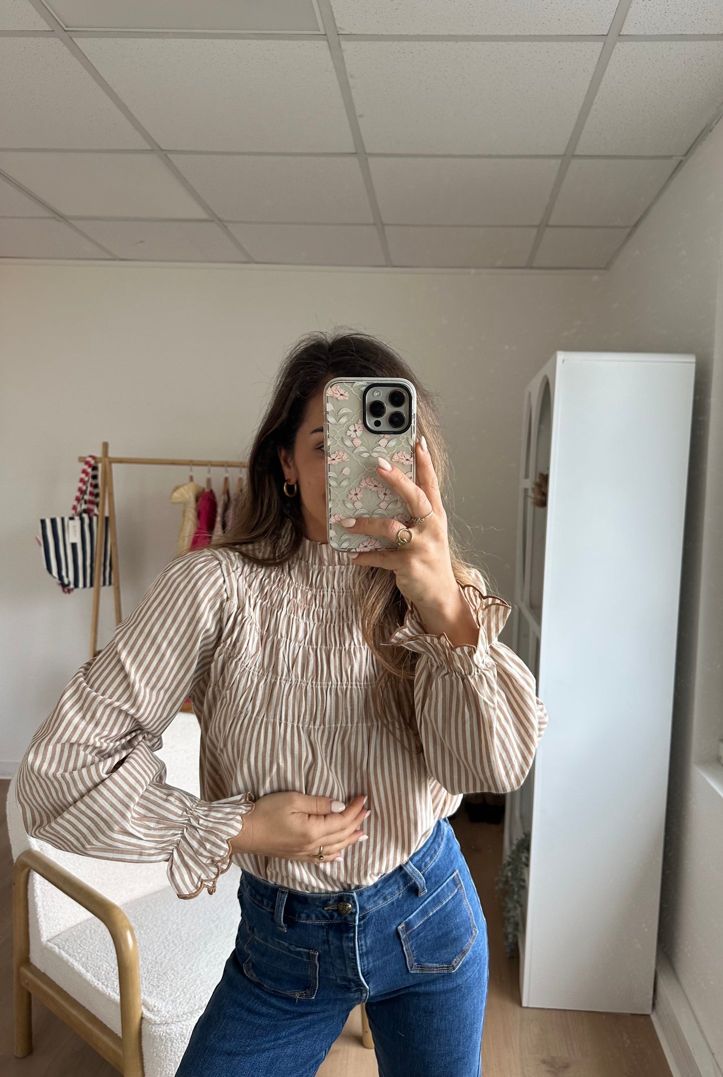Blouse à rayures smockée camel Chloé