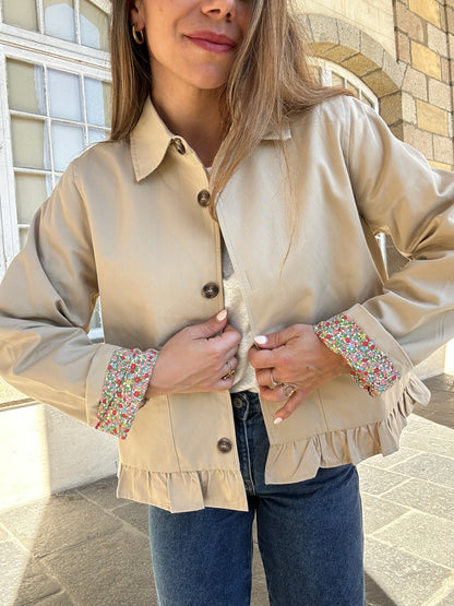 Veste trench liberty en coton beige Hortense à volants
