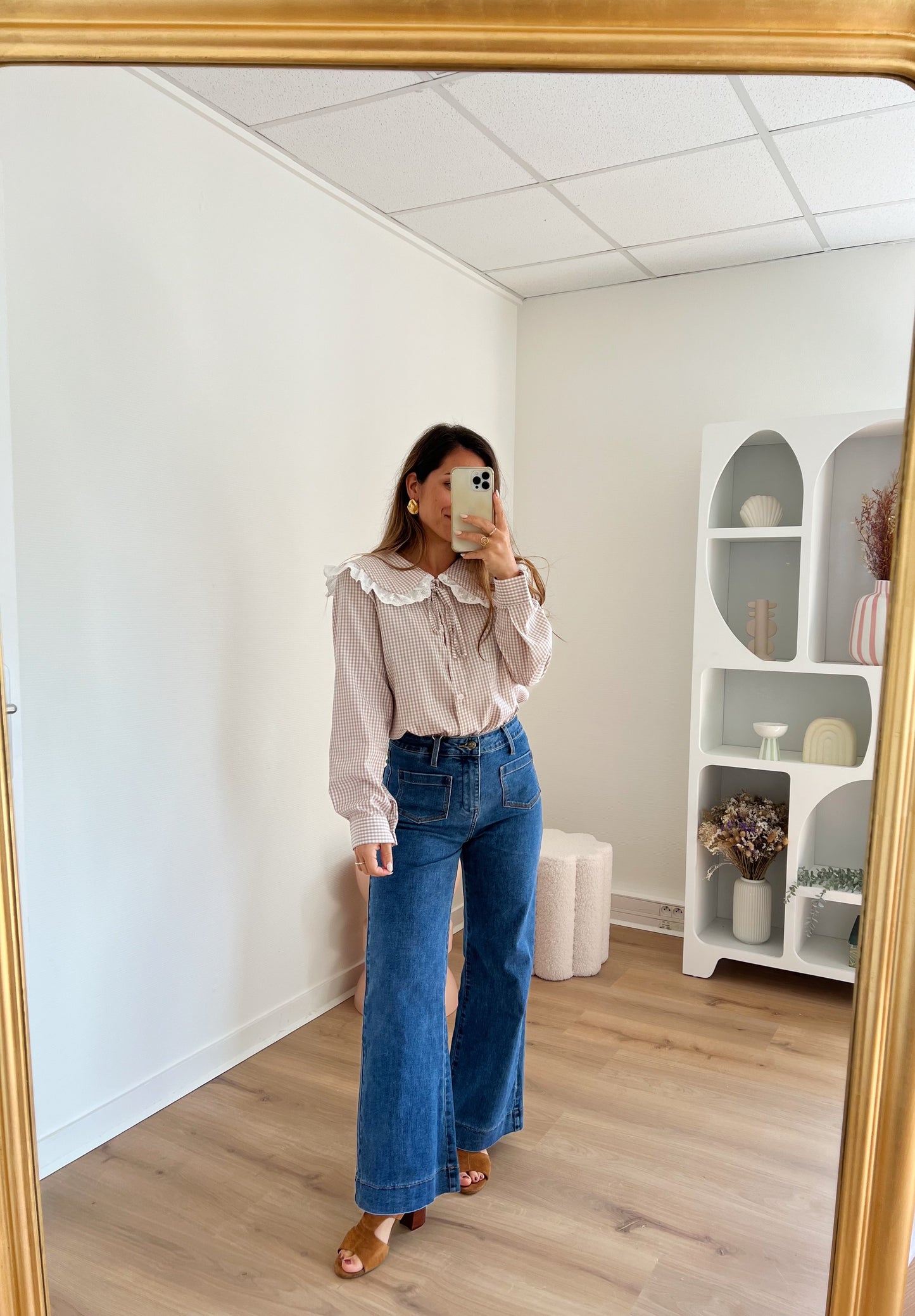 Chemise vichy beige Iris avec dentelle