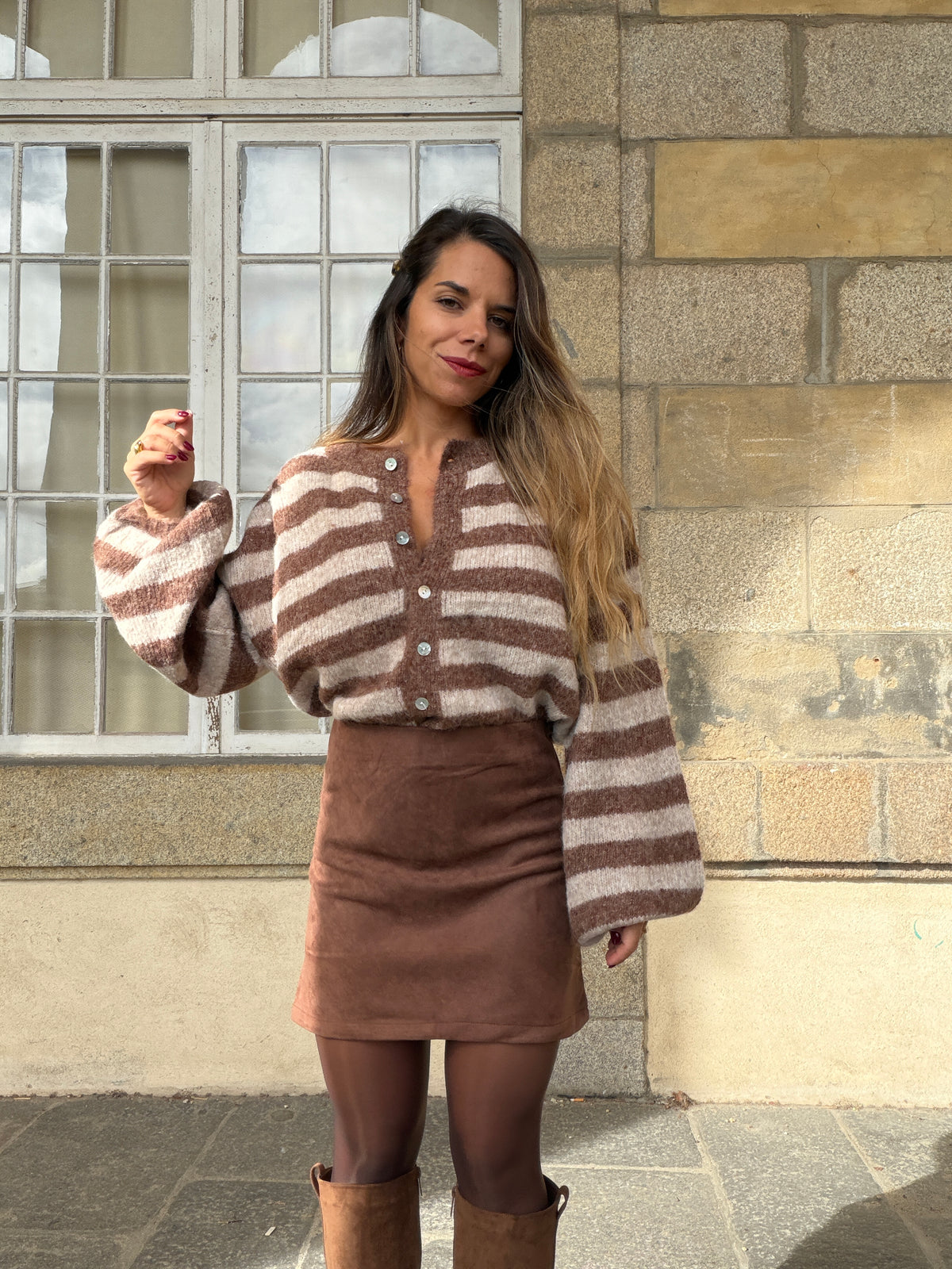 Cardigan Véra rayé camel et beige