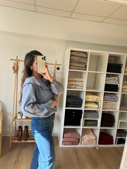 Blouse à col large Solveig VICHY bleue